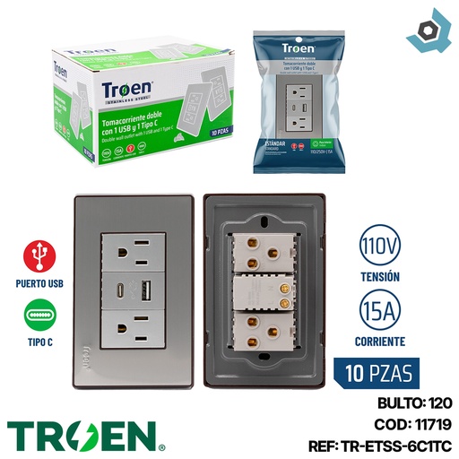 [11719] TOMACORRRIENTE DOBLE CON 1 USB Y 1 TIPO C ACERO INOXIDABLE TROEN