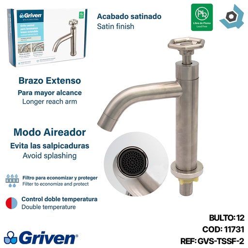 [11731] GRIFERIA PARA LAVAMANOS SATINADO ACERO INOXIDABLE GRIVEN