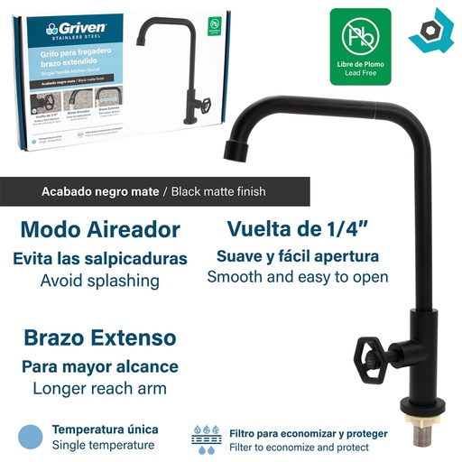 [11736] GRIFERIA PARA FREGADERO NEGRO MATE ACERO INOXIDABLE GRIVEN