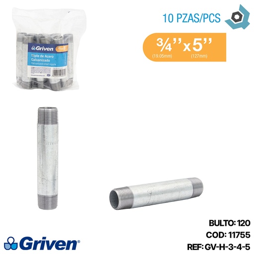 [11755] NIPLE 3/4" X 5" DE LARGO DE ACERO GALVANIZADO GRIVEN