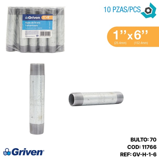 [11766] NIPLE 1" X 6" DE LARGO DE ACERO GALVANIZADO GRIVEN