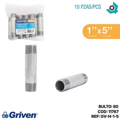 [11767] NIPLE 1" X 5" DE LARGO DE ACERO GALVANIZADO GRIVEN