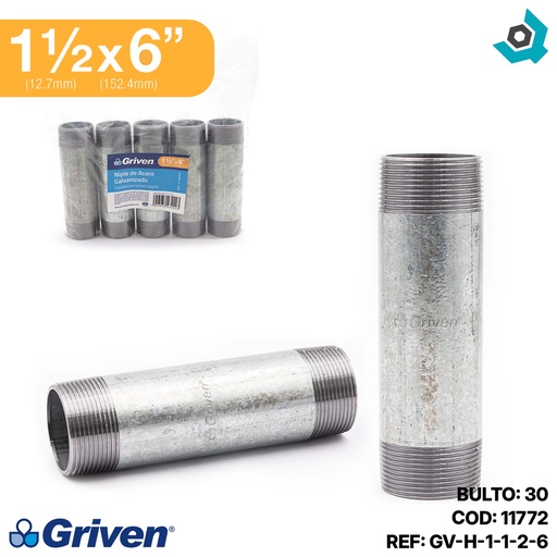 [11772] NIPLE 1 1/2" X 6" DE LARGO DE ACERO GALVANIZADO GRIVEN