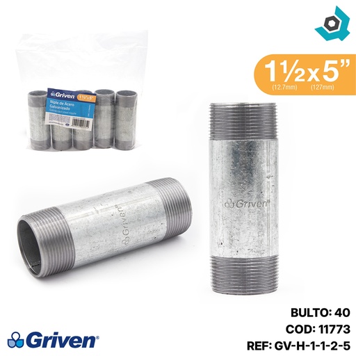 [11773] NIPLE 1 1/2" X 5" DE LARGO DE ACERO GALVANIZADO GRIVEN