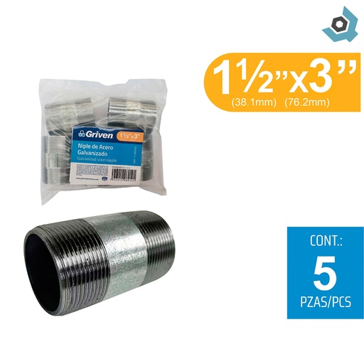 [11775] NIPLE 1 1/2" X 3" DE LARGO DE ACERO GALVANIZADO