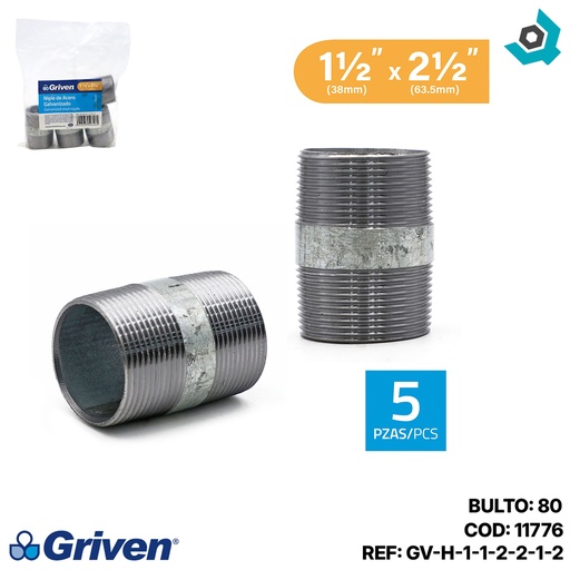 [11776] NIPLE 1 1/2" X 2 1/2" DE LARGO DE ACERO GALVANIZADO  GRIVEN