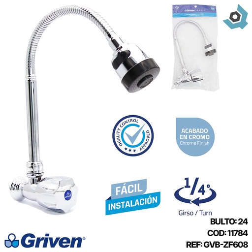 [11784] GRIFERIA PARA FREGADERO CUELLO FLEXIBLE CROMADO GRIVEN BASIC