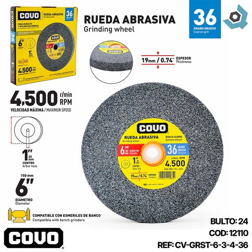 [12110] DISCO ABRASIVO PARA DESBASTE GRANO 36 X 6" X 19MM COVO