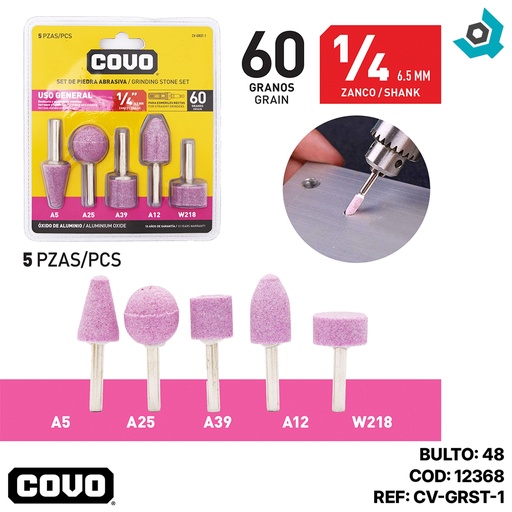 [12368] SET DE MECHAS ABRASIVAS 1/4" 5 PIEZAS COVO