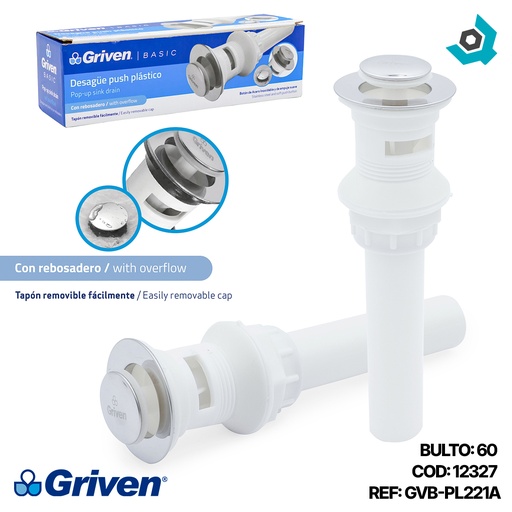 [12327] DESAGUE PUSH PLASTICO CON REBOSADERO GRIVEN BASIC