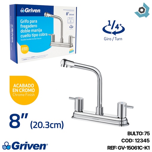 [12345] GRIFERIA PARA FREGADERO DOBLE MANIJA CUELLO TIPO COBRA GRIVEN