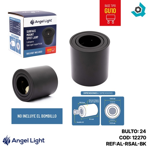 [12270] LAMPARA SPOT REDONDA SUPERFICIAL GU10 8.4CM NEGRO ANGEL LIGHT