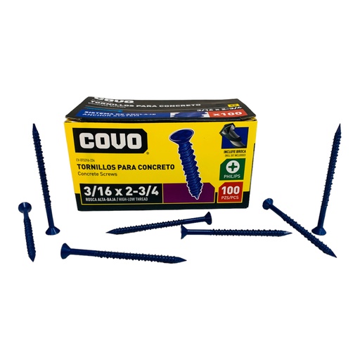 [12427] TORNILLOS PARA CONCRETO 3/16” X 2-3/4” 100 PZAS COVO