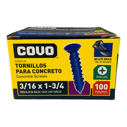 [12429] TORNILLOS PARA CONCRETO 3/16" X 1-3/4" 100 PZAS COVO