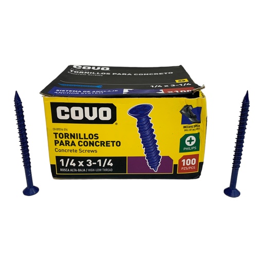 [12433] TORNILLOS PARA CONCRETO 1/4" X 3-14" 100 PZAS COVO