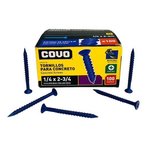 [12434] TORNILLOS PARA CONCRETO 1/4” X 2-3/4” 100 PZAS COVO
