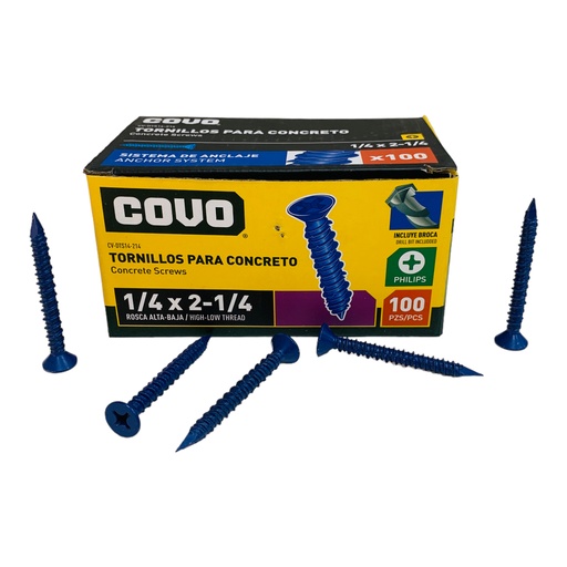 [12435] TORNILLOS PARA CONCRETO 1/4" X 2-1/4” 100 PZAS COVO
