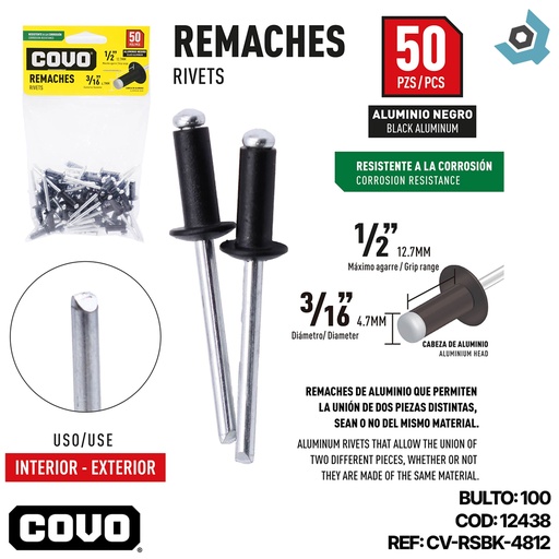 [12438] REMACHES 3/16" X 1/2" ALUMINIO NEGRO 50 PIEZAS COVO