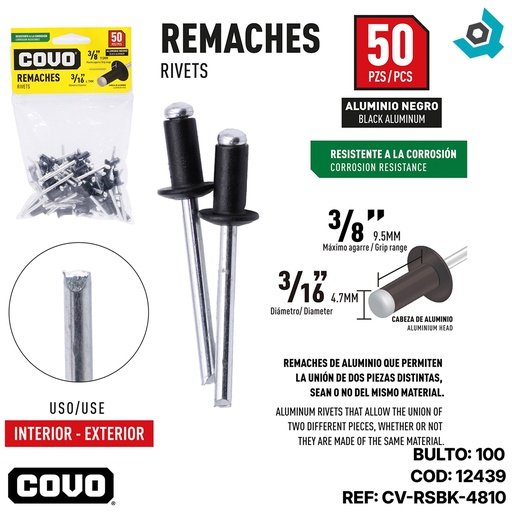 [12439] REMACHES 3/16" X 3/8" ALUMINIO NEGRO 50 PIEZAS COVO