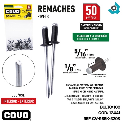 [12441] REMACHE 1/8" X 5/16" ALUMINIO NEGRO 50 PIEZAS COVO