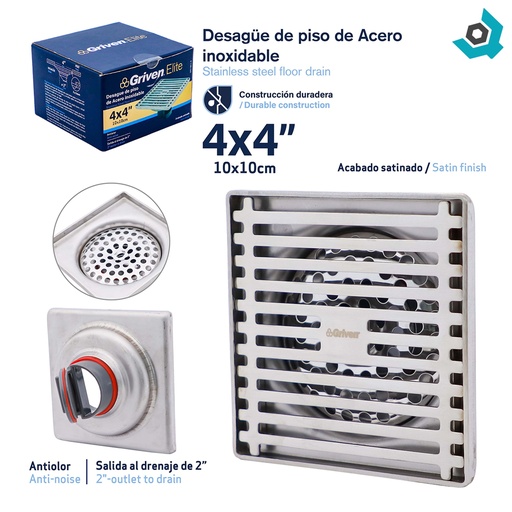 [12451] DESAGUE DE PISO ANTI OLOR 4X4" SATINADO GRIVEN ELITE