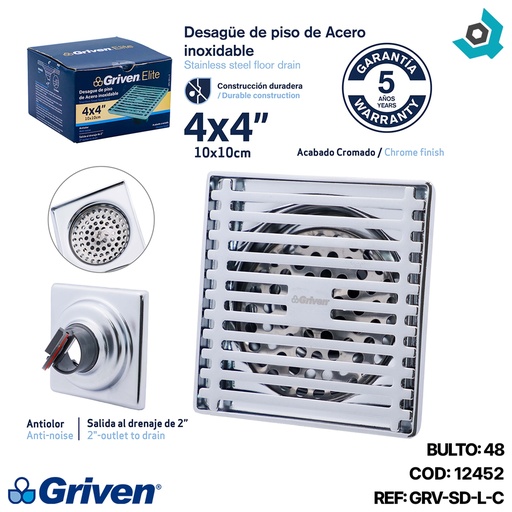 [12452] DESAGUE DE PISO ANTI OLOR 4X4" CROMADO GRIVEN ELITE