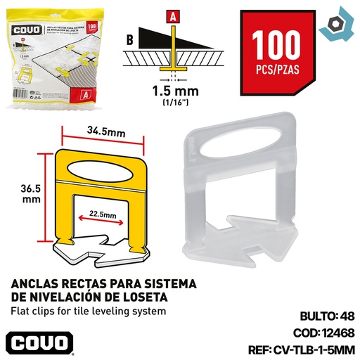 [12468] NIVELADORES PARA CERAMICAS 1.5MM 100 PZAS COVO