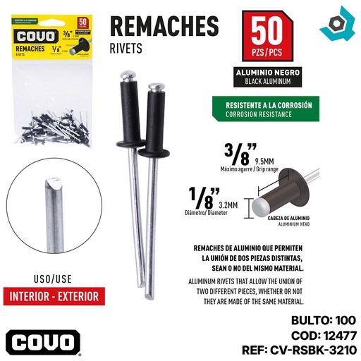 [12477] REMACHE 1/8" X 3/8" ALUMINIO NEGRO 50 PIEZAS COVO