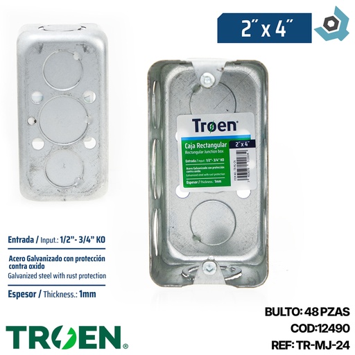 [12490] CAJETIN RECTANGULAR 2X4 ACERO GALVANIZADO TROEN