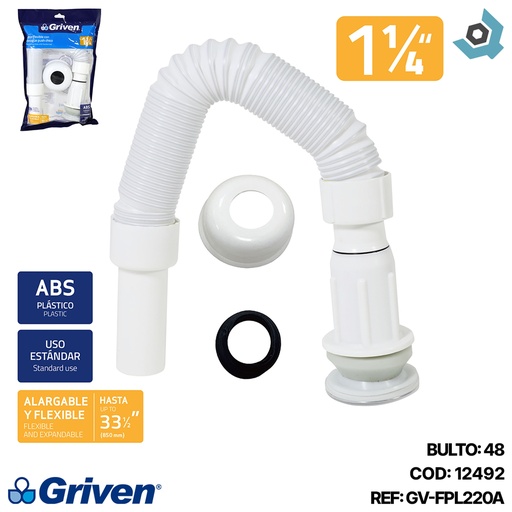 [12492] SIFON FLEXIBLE CON DESAGUE PUSH CHICO 1 1/4" GRIVEN