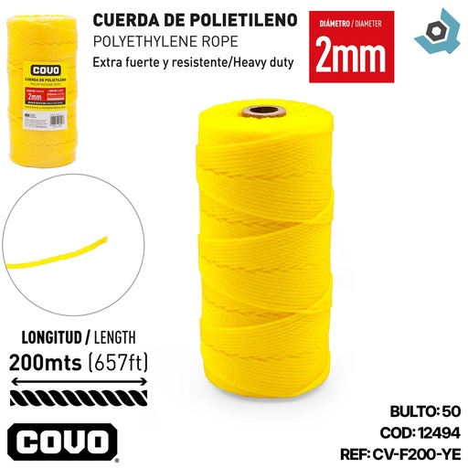 [12494] MECATILLO 2MM 200 METROS AMARILLO COVO