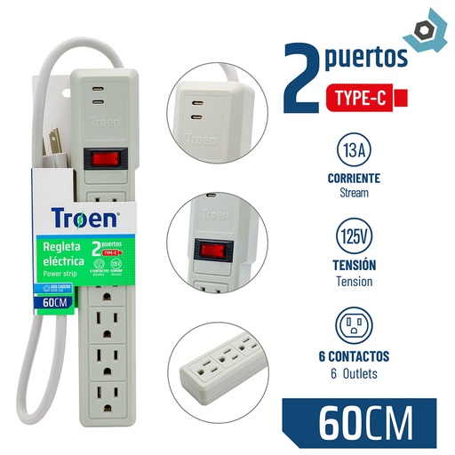 [12500] REGLETA ELECTRICA 6 TOMAS CON 2 PUERTOS TIPO C TROEN