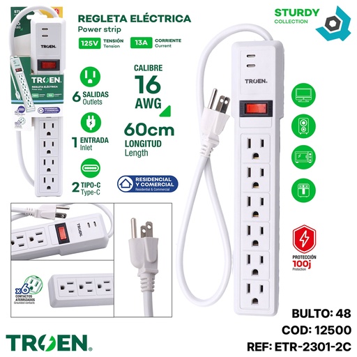 [12500] REGLETA ELECTRICA 6 TOMAS CON 2 PUERTOS TIPO C TROEN