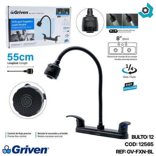 [12565] GRIFERIA PARA FREGADERO CUELLO FLEXIBLE NEGRO MATE GRIVEN