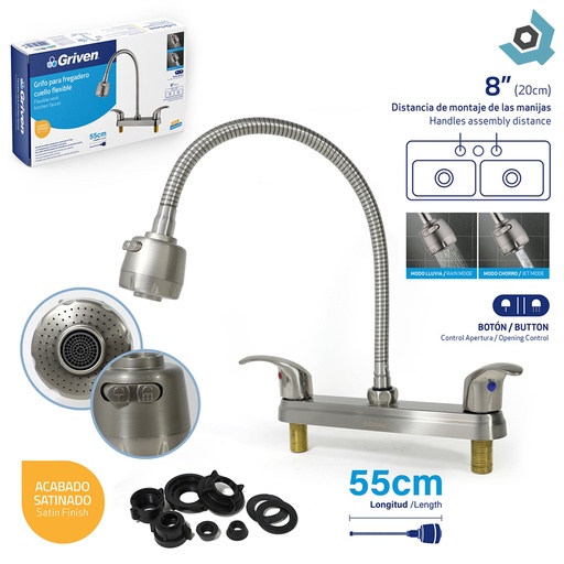 [12567] GRIFERIA PARA FREGADERO CUELLO FLEXIBLE SATINADO GRIVEN