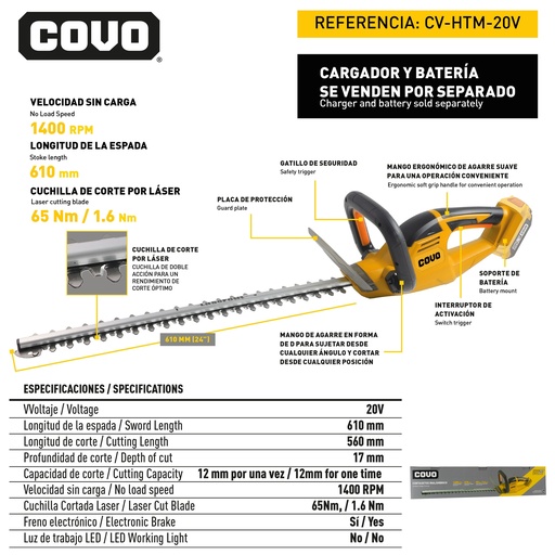 [12582] CORTA ARBUSTOS INALAMBRICO 20V COVO
