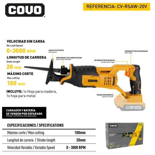 [12588] SIERRA SABLE RECIPROCA INALAMBRICO 20V COVO