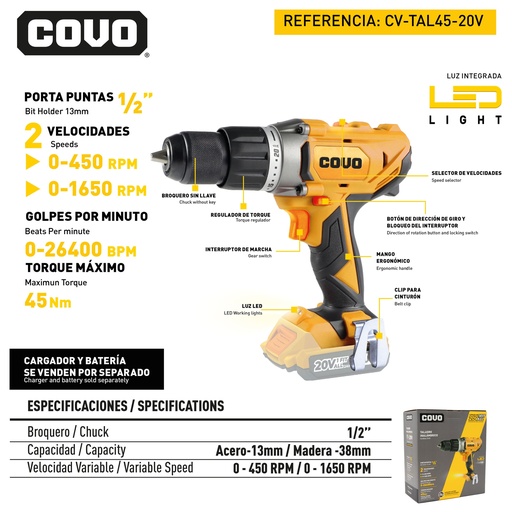 [12592] TALADRO INALAMBRICO 20V COVO