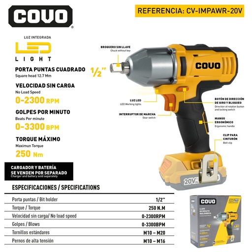 [12595] LLAVE DE IMPACTO INALAMBRICO 20V COVO