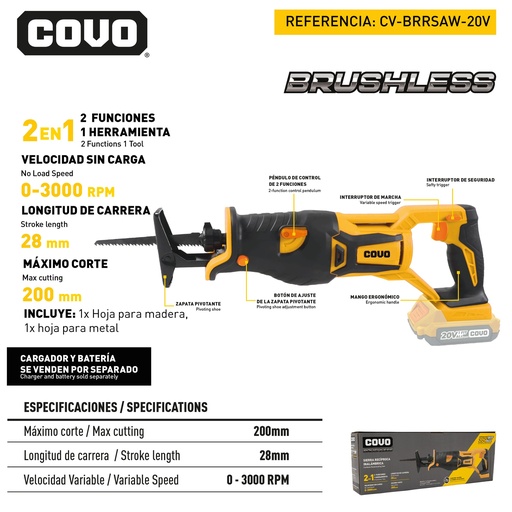 [12597] SIERRA SABLE RECIPROCA INALAMBRICA BRUSHLESS 20V COVO