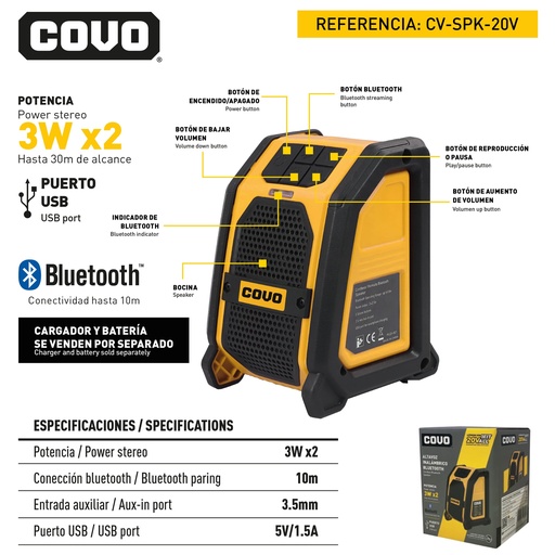 [12630] ALTAVOZ INALAMBRICO BLUETOOTH 20V COVO