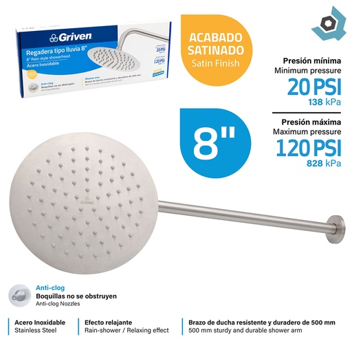 [12603] REGADERA TIPO LLUVIA 8" SATINADO REDONDA GRIVEN