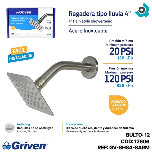 [12606] REGADERA TIPO LLUVIA 4" SATINADO CUADRADA GRIVEN