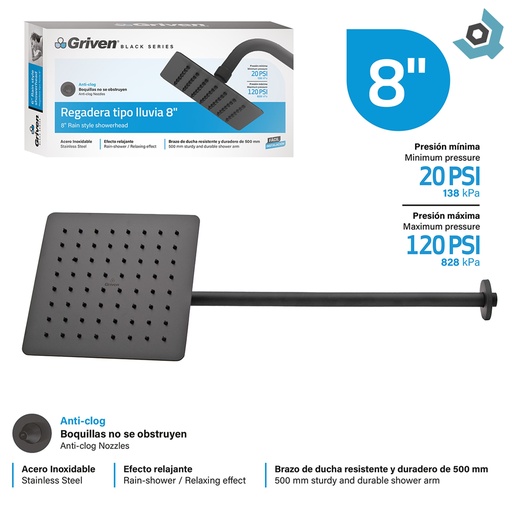 [12613] REGADERA TIPO LLUVIA 8" NEGRO MATE CUADRADA GRIVEN