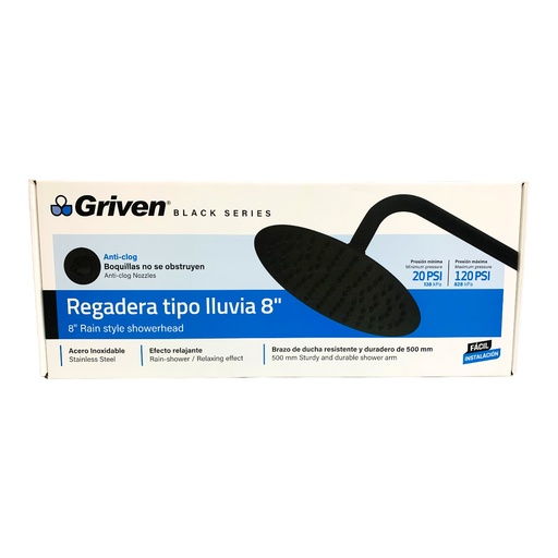 [12614] REGADERA TIPO LLUVIA 8" NEGRO MATE REDONDA GRIVEN