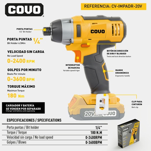 [12627] DESTORNILLADOR DE IMPACTO INALAMBRICO COVO