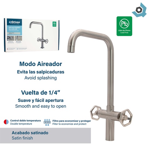 [12665] GRIFERIA PARA FREGADERO CUELLO ALTO SATINADO GRIVEN ACERO INOXIDABLE