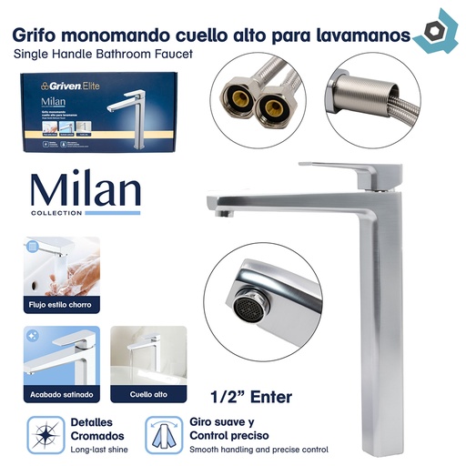 [12690] GRIFERIA CUELLO ALTO PARA LAVAMANOS SATINADO GRIVEN ELITE EDICION MILAN COLLECTION