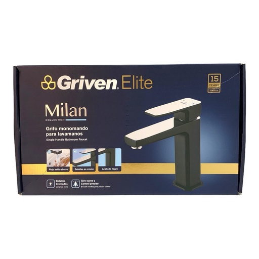 [12692] GRIFERIA CUELLO ALTO PARA LAVAMANOS NEGRO MATE GRIVEN ELITE EDICION MILAN COLLECTION