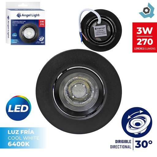 [12724] LAMPARA LED OJO DE BUEY 3W REDONDA 6400K NEGRO ANGEL LIGHT